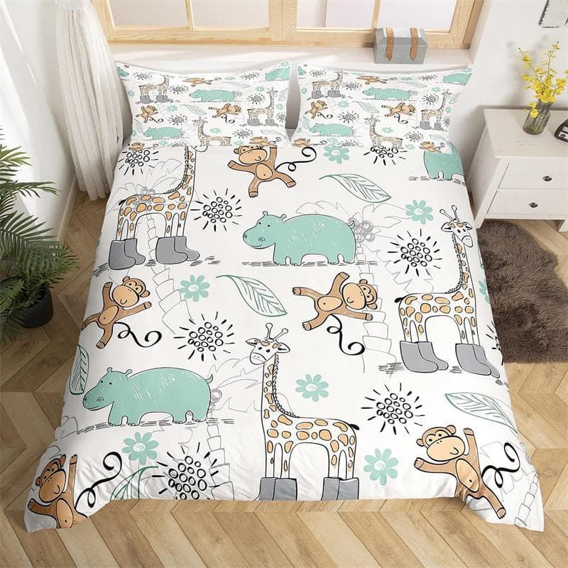 Funny Cartoon Animal Duvet Cover King Colorful Jungle Animals Bedding Set Microfiber Panda Elephant Quilt Cover Zoo Party Decor EU single(135x200cm)