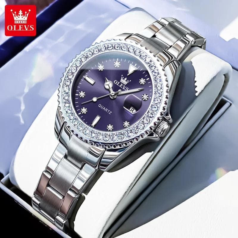 OLEVS Women's Watches Elegant Full Diamond Dial Solid Stainless Steel/Leather Auto Date Waterproof Quartz Watch for Women purple