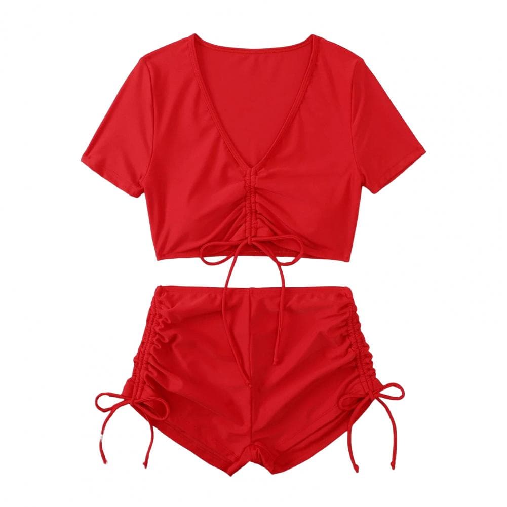 Solid Color Swimsuit Stylish Women's Summer Bikini Set with V-neck Top High Waist Drawstring Swimsuit 2 Piece Set for Beach S red