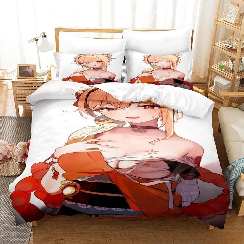 Game Yoimiya Genshin Impact Bedding Set Cartoon Anime three-piece set Adult Kid Bedroom Duvet cover Sets 3D Kawaii Girls 70x133cm 2pcs