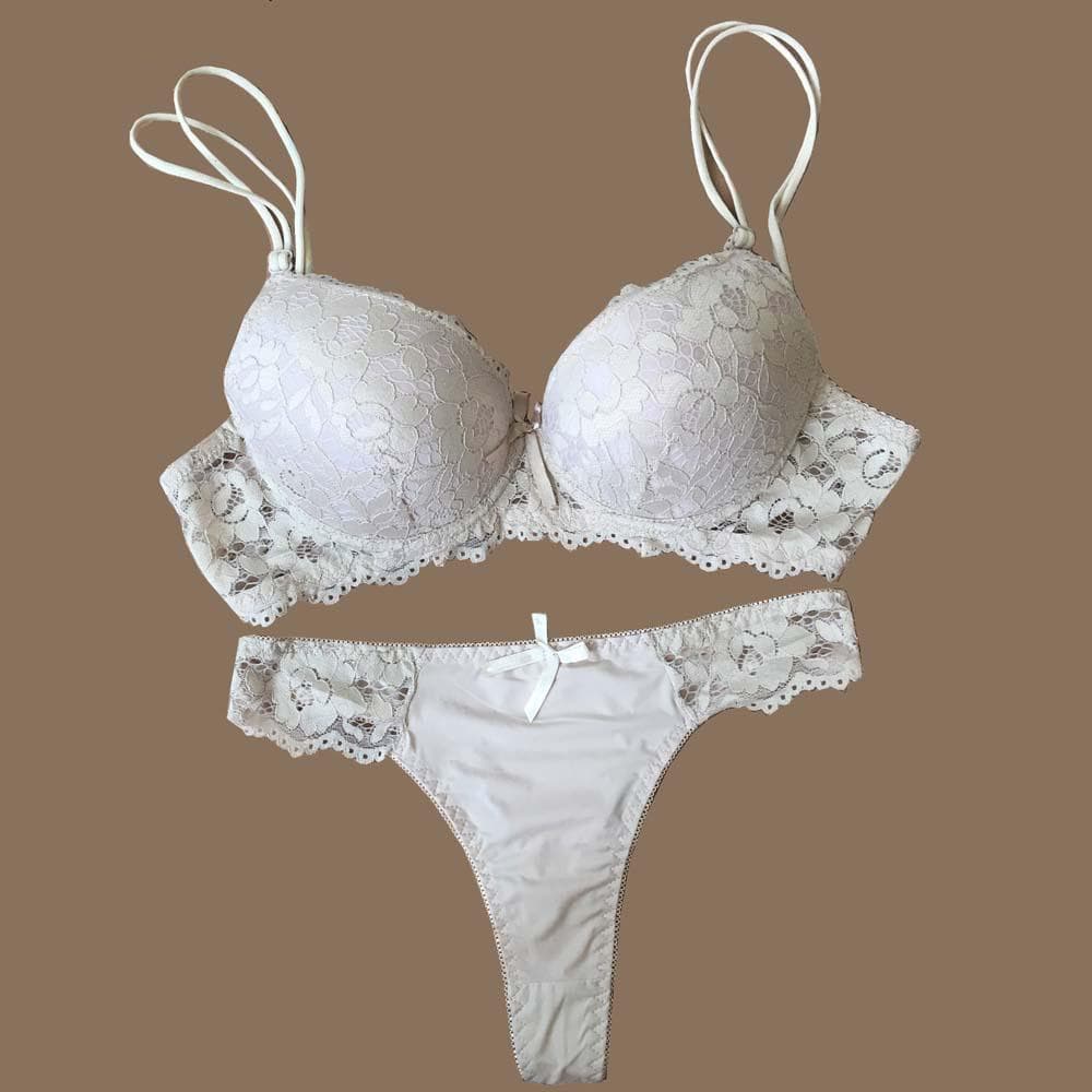 Lace Bra Thong Set Push up Underwear set Women Panties Hollow Lace Intimates Bras and Panty set 36D beige