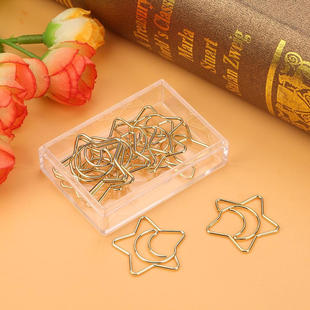 10Pcs Plastic Coated Electroplating Star Moon Paper Clips Funny Bookmark Marking Clips Gold