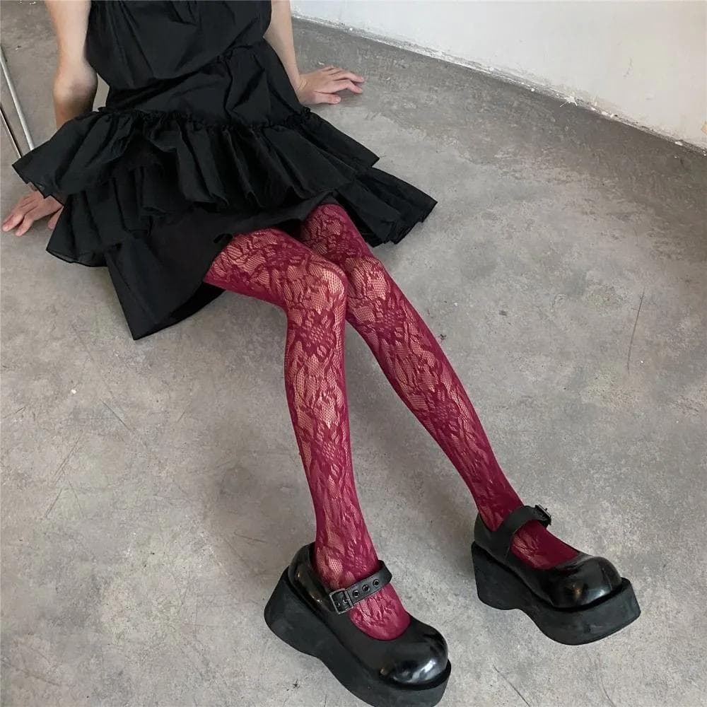 Black Silk Stockings, Fishnet Socks With Floral Patterns, Thin Mesh Lace-up Stockings, And Sheer Openwork Embroidered Tights. wine red