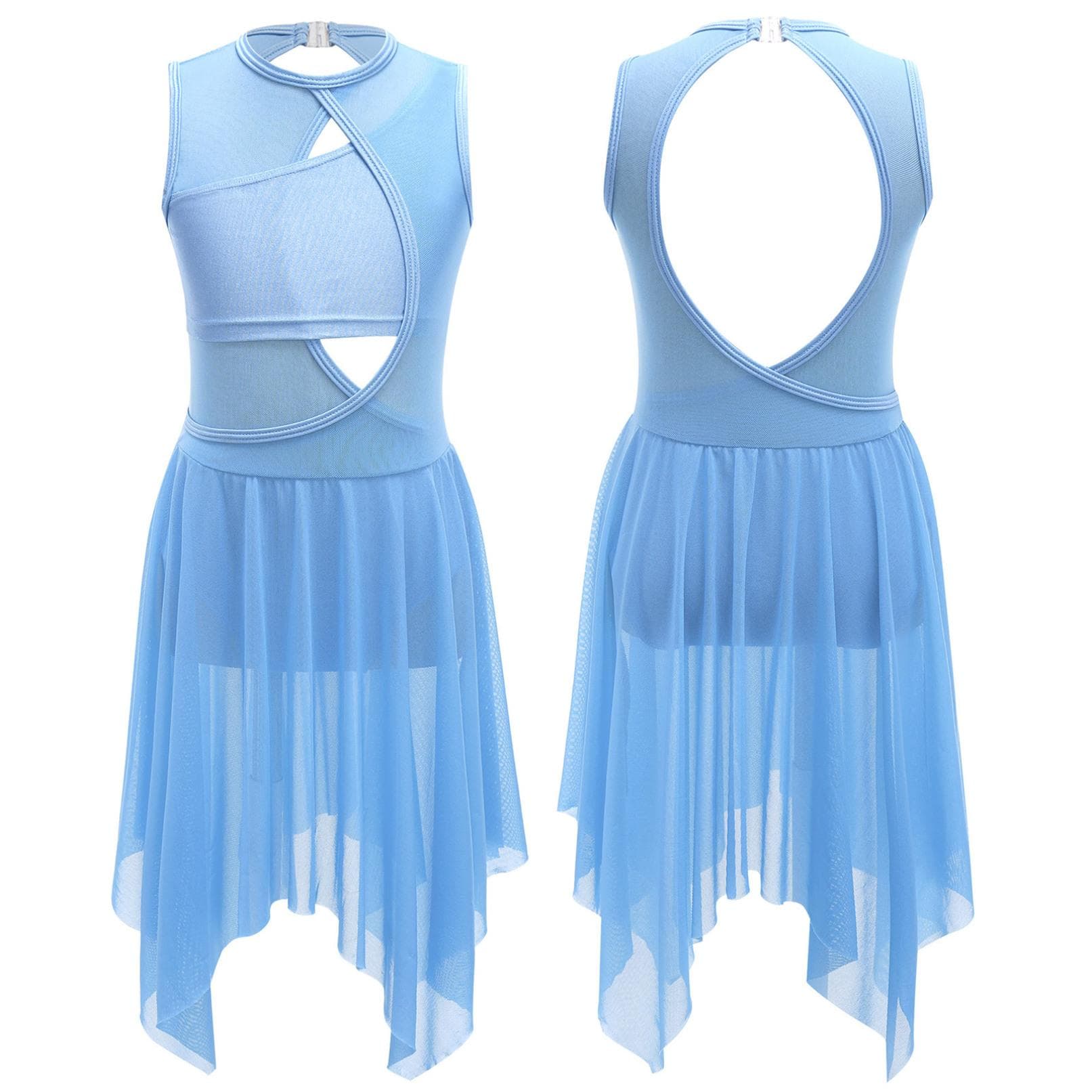 Kids Girls Lyrical Modern Contemporary Dance Dress Ballet Leotard Dress Cut Out Front Backless Mesh Tulle Skirt 5-6 Years light blue