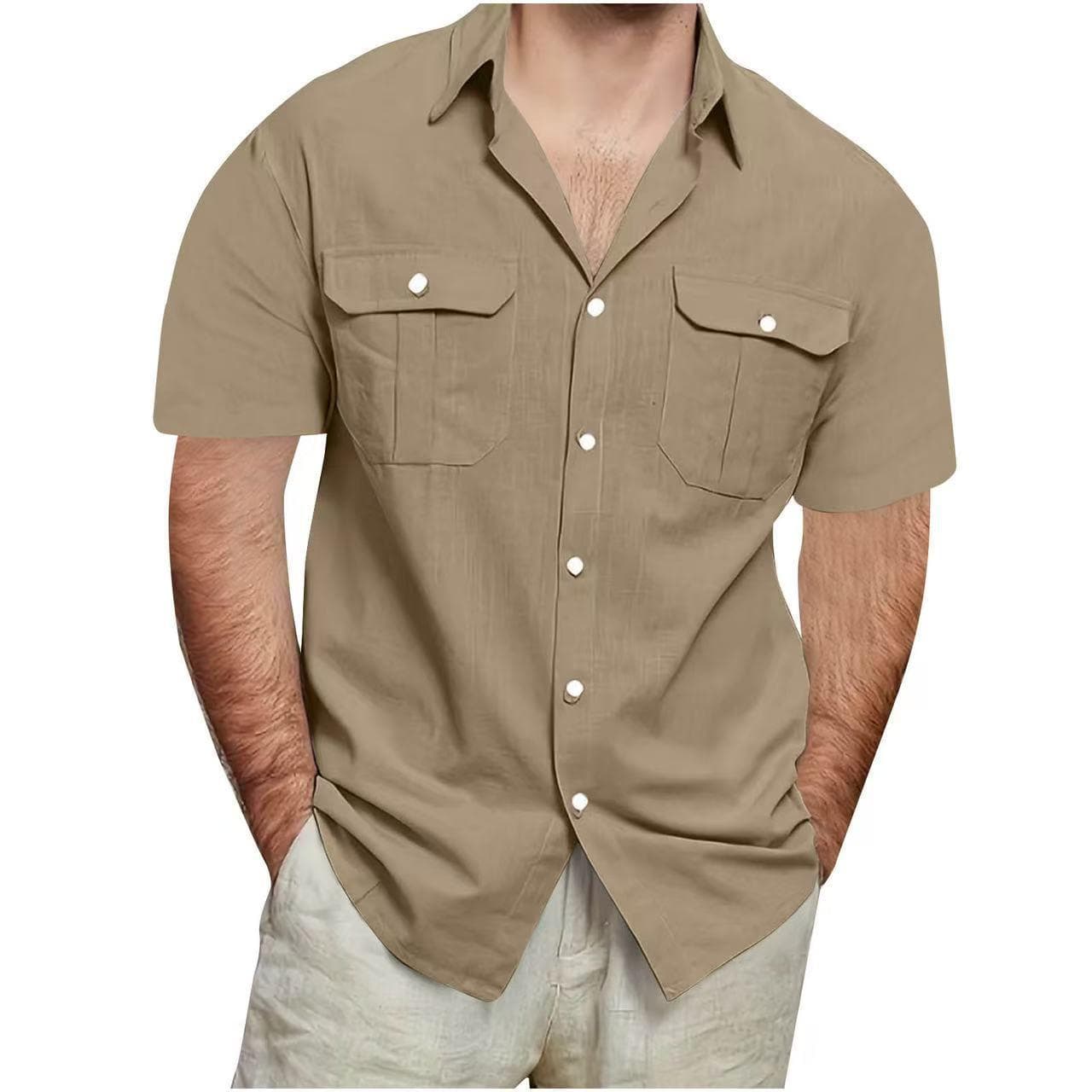 Summer Men's Short Sleeve Double Pocket Shirts Solid Color Loose Casual Shirt Men 2XL light brown
