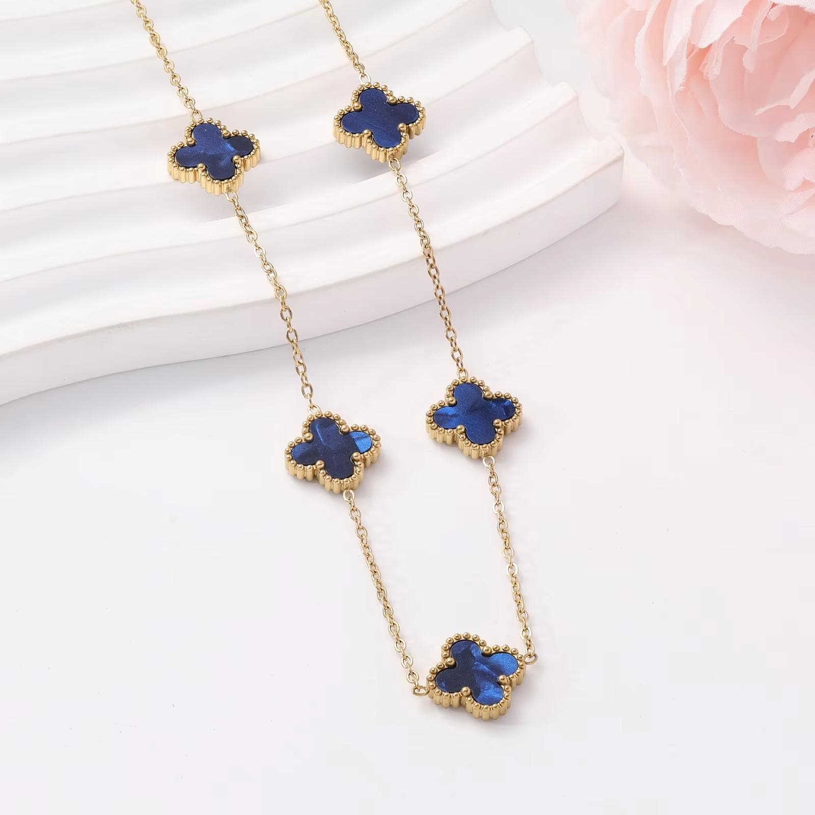 18K gold double-sided lucky clover non fading necklace blue