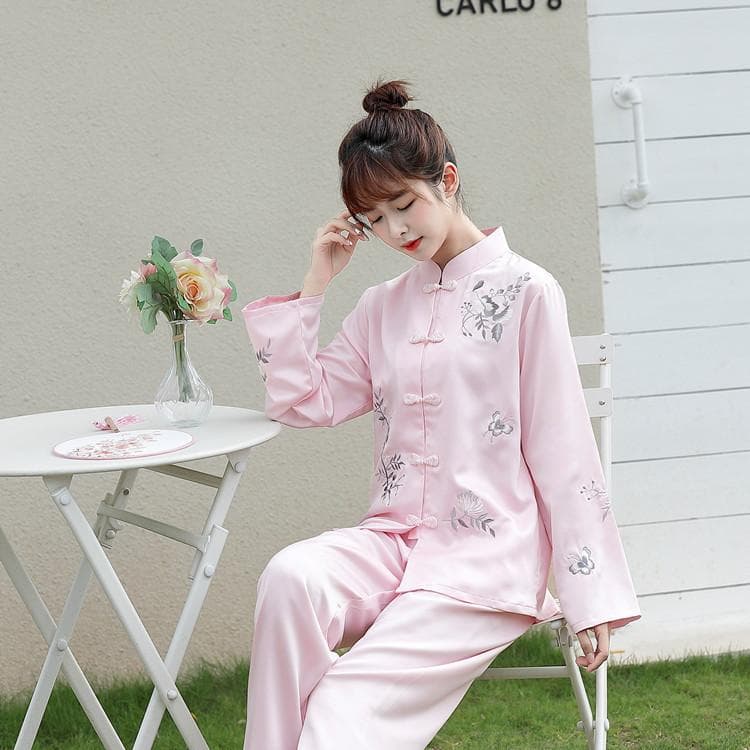 Pritning Flower Chinese Pajamas Sleep Set Shirt Pant Stand Collar Nightwear 2Pcs Embroidery Silk Vintage Button Sleepwear M