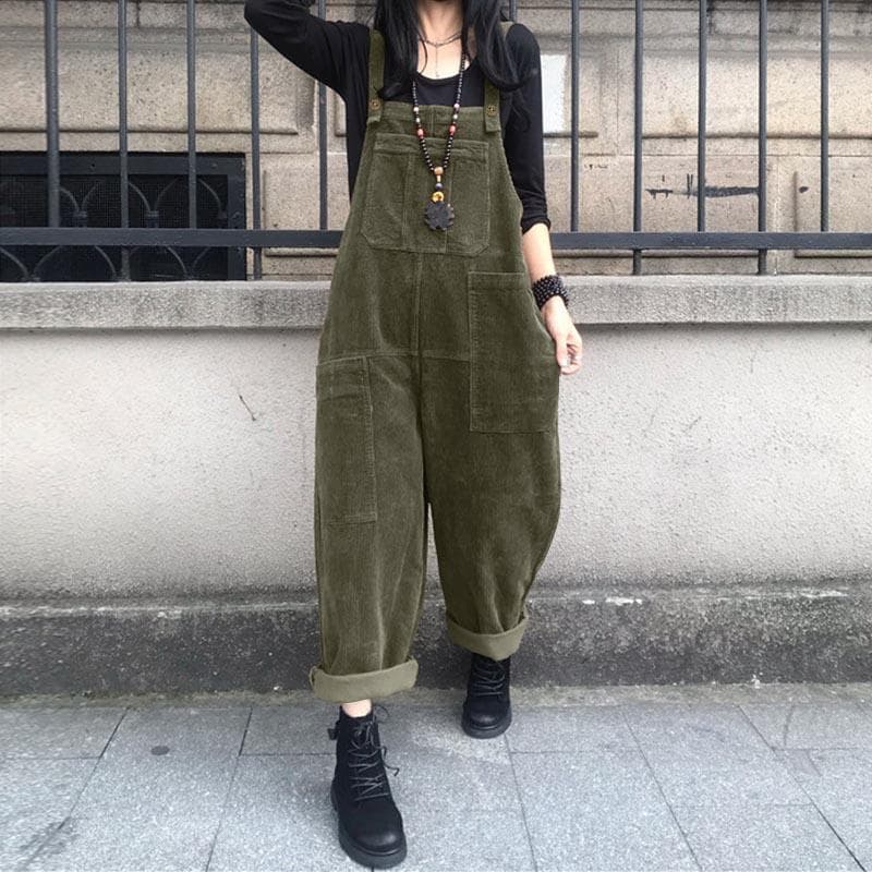 ZANZEA Spring Autumn Vintage Corduroy Jumpsuits Women Loose Casual Dungaree Straps Overalls XL army green
