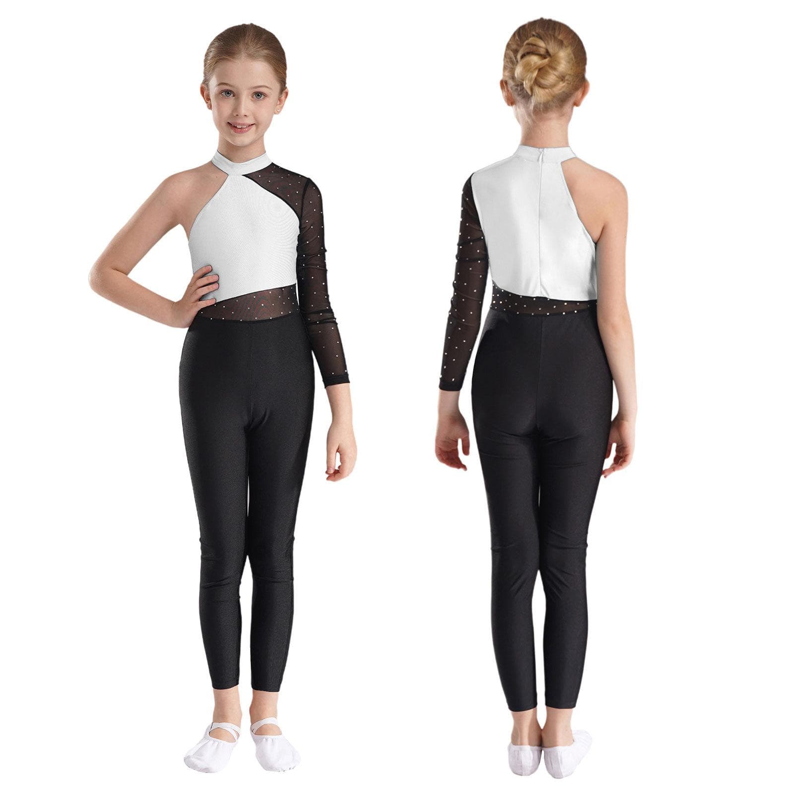 Girls One Mesh Sleeve Full Body Cover Jumpsuits Gymnastics Ballet Modern Dance Uniform Unitard Ice Skating Competition Costume 9-10 Years white