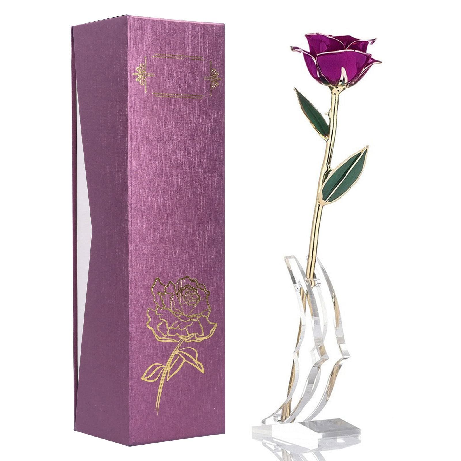 Real Purple Rose 24K Gold Dipped Preserved Flower Gifts with Stand for Valentines Day Anniversary