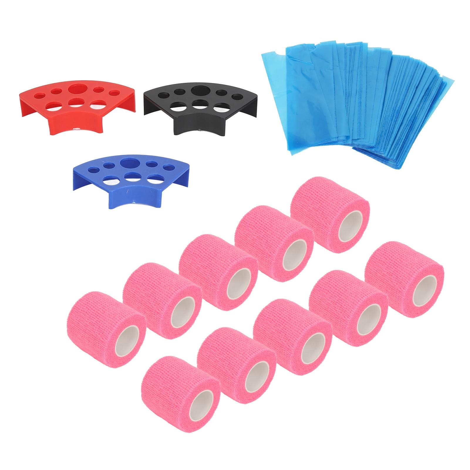 200pcs Blue Tattoo Pen Machine Covers with 10pcs Grip Tapes 3pcs Ink Cup Holder Stand Elastic pink