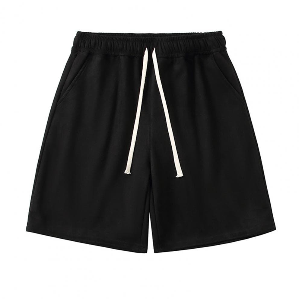 Men Summer Athletic Shorts Mid-rise Elastic Drawstring Waist Shorts Pockets Wide Leg Running Solid Color Suede Shorts XXL black