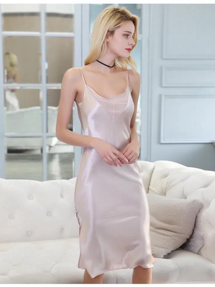 100% Mulberry Silk Women Summer Chemise Sleepwear Sexy Nightdress Solid Color Midi Sling Dress Spaghetti Strap Satin Nightgown XL