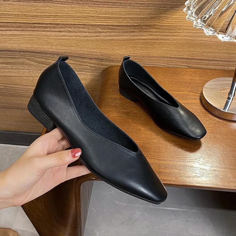 Genuine Leather Multi-color Low-heeled women's Shoes Round Toe Flat Bottom Shallow Cut Single Shoe Casual Versatile Loafers 38 black
