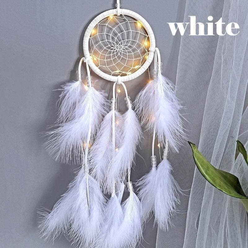 Fashion LED Craft Lighting Dream Catcher Feather Dreamcatcher Girl Room Bell Bedroom Romantic Hanging Decoration Ornament Wolf Dreamcatcher ZPG with light white
