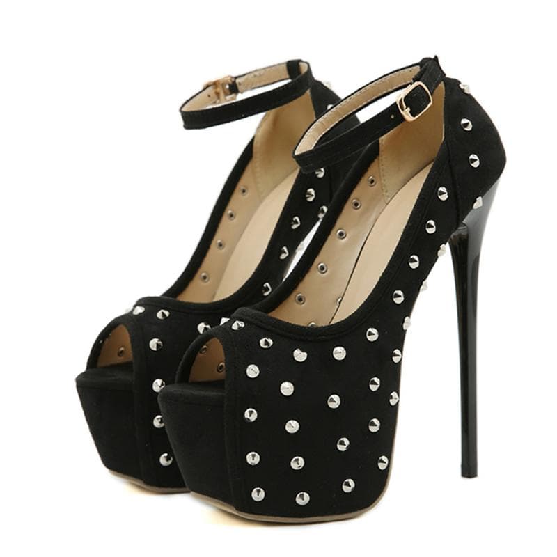 Liyke Runway Style Sexy Peep Toe 16CM Extreme High Heels Party Club Stripper Shoes Fashion Rivet Platform Pumps Women Sandals 35 black