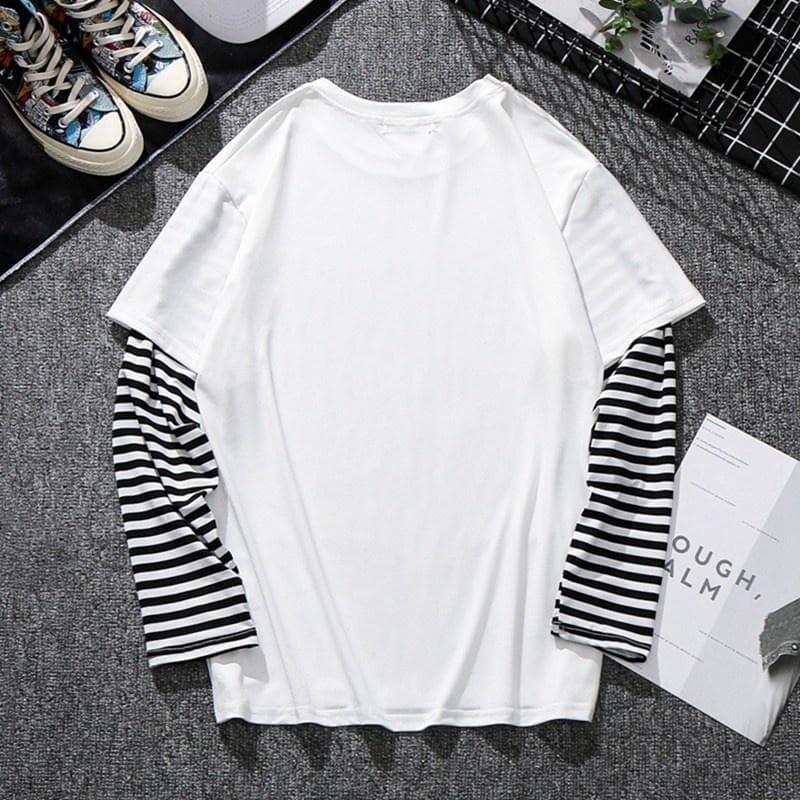 Unisex Fashion Stripes Men/Women baju t shirt lelaki Long sleeve Round neck Fake two T-shirt 2 Colors Plain Black & White M white