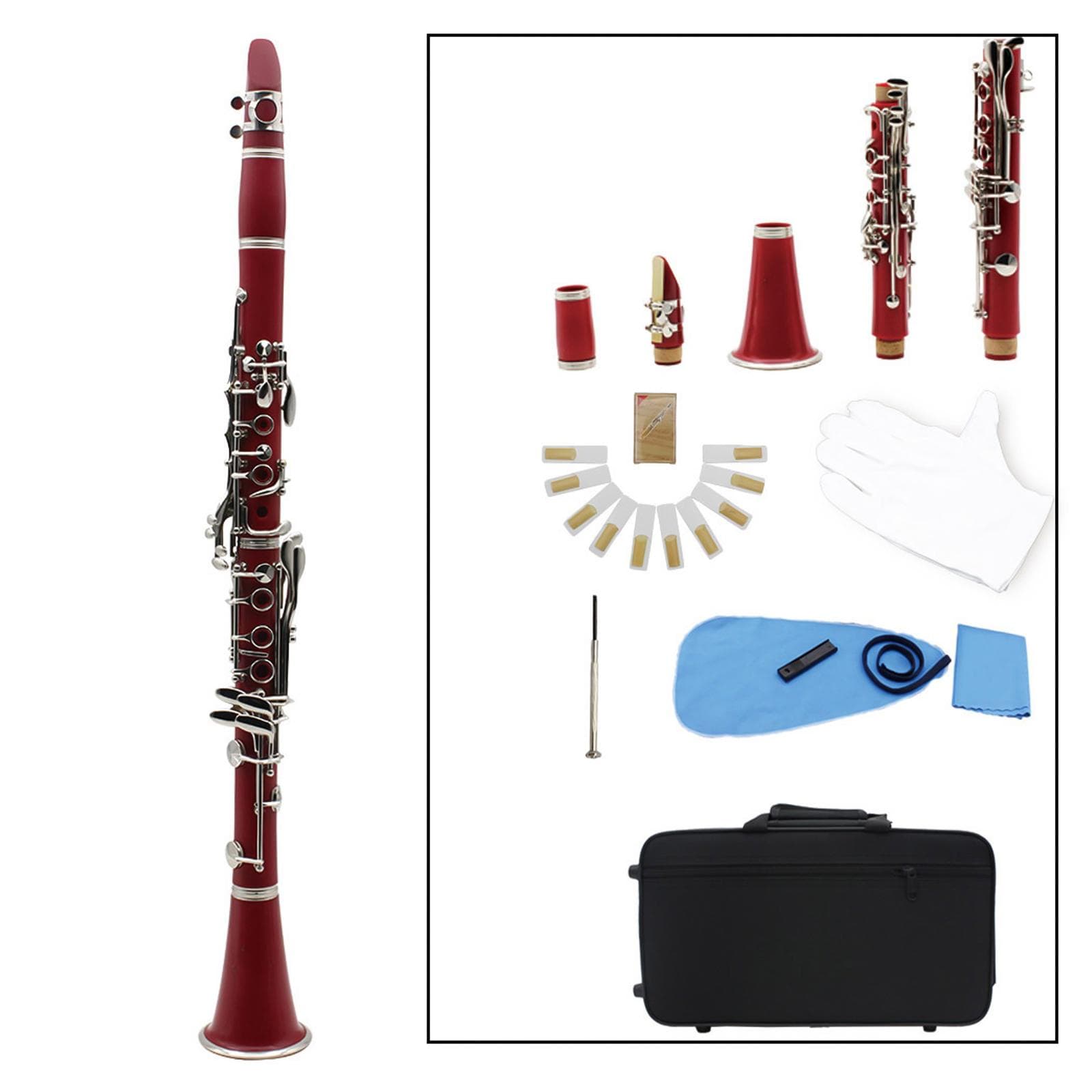 Muslady Clarinet ABS 17 Key bB Flat Soprano Binocular Clarinet with Cleaning Cloth Gloves 10 Reeds red