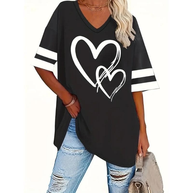 Plus Size Heart Print T-Shirt Casual Crew Neck Short Sleeve T-Shirt Women's Plus Size Clothing M
