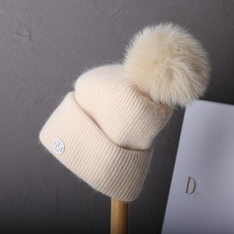 2023 Luxury Real fox fur pom pom Beanies Hat for Women pompom Knitted Winter Hat Fashion Ear Protection Wool Hat 55-59cm