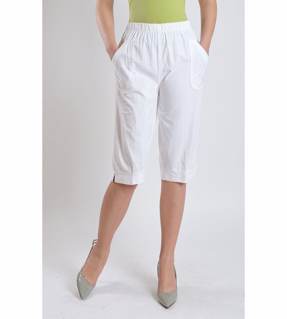 Middle-aged and Elderly Summer Elastic Waist Ladies High Waist Straight Pants Large Size Washed Cotton Cropped Pants XL white