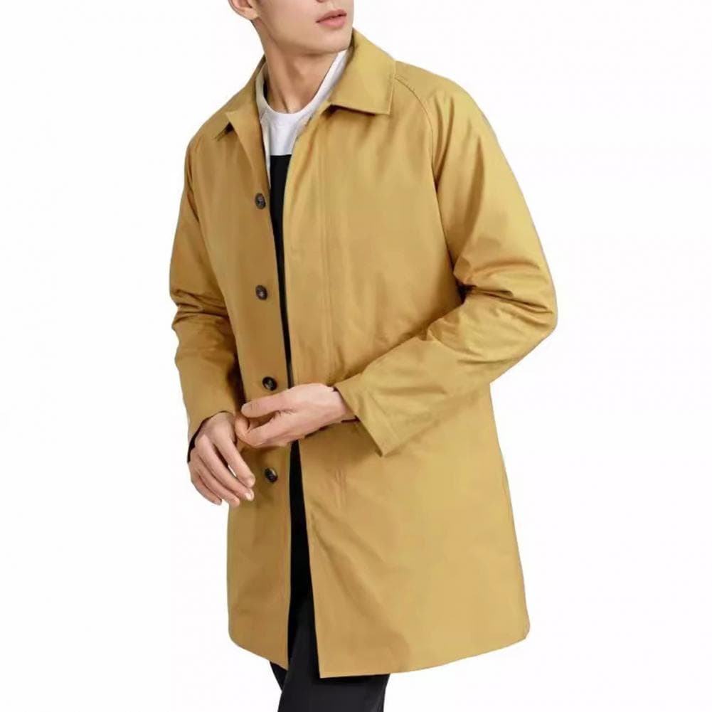 Men Windbreaker Lapel Long Sleeve Single Breasted Long Trench Coat with Pockets Solid Color Windproof Midi Coat S yellow