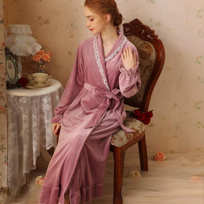 Velvet Robe Women Fall Winter Long-sleeved Bathrobe Court Style French Velvet Pajamas Bridal Red Morning Robe Thickened Homewear M