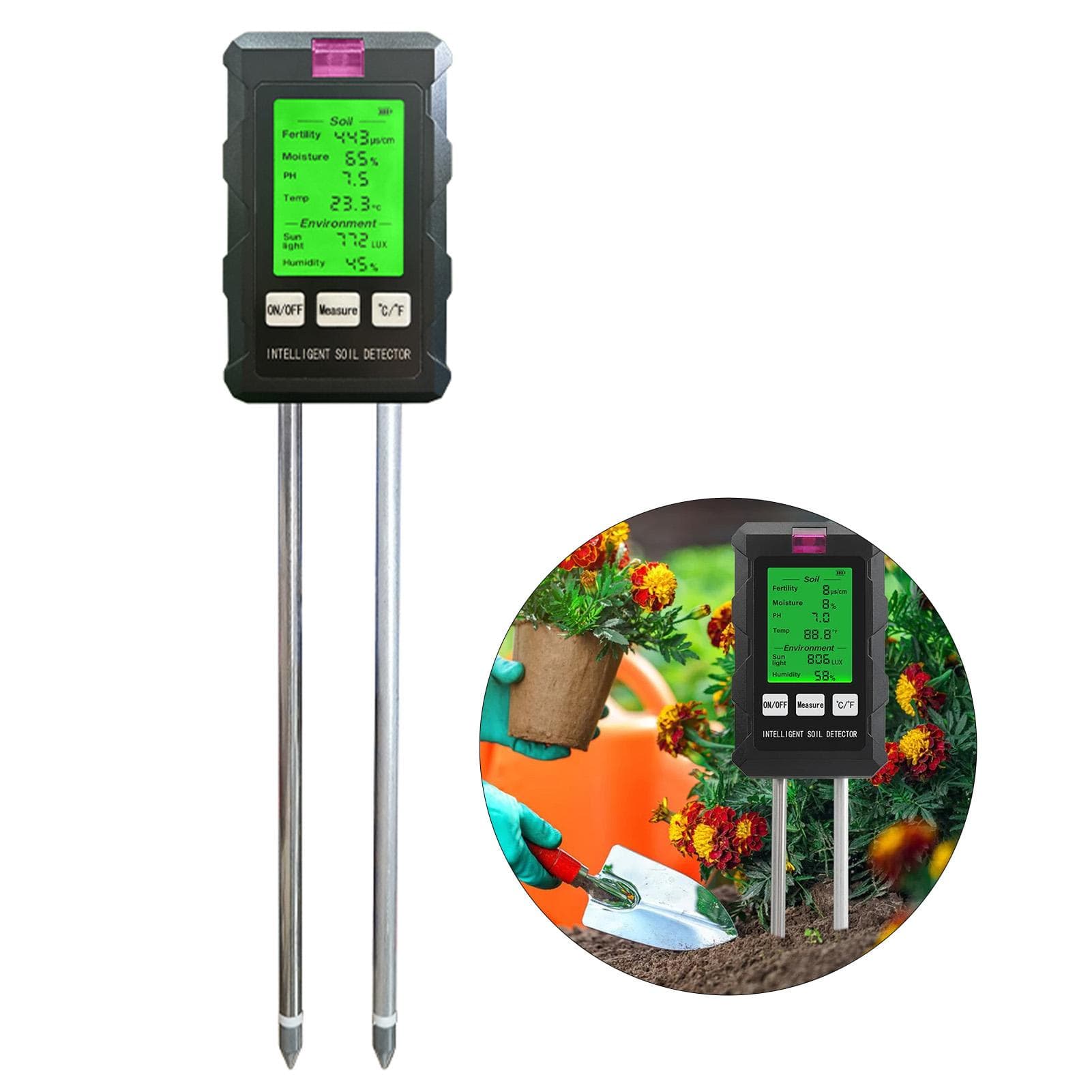 6-in-1 Intelligent Soil Tester with Dual Probe Digital Backlit Display Screen Temperature Humidity black