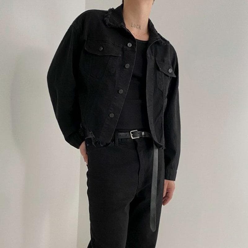 Short Denim Jacket Men's Spring Lapel Jacket Korean Style Trendy Loose Denim Jacket 2XL black