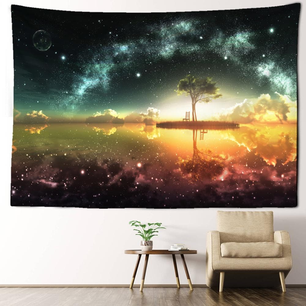 Huxin Tree Night View Tapestry Wall Hanging Abstract Art Starry Sky View Bedroom Living Room Home Decor Background Cloth 95x70CM