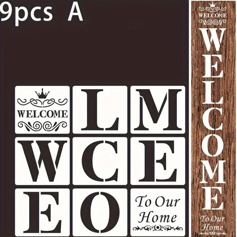 9 Welcome Stencils for Painting on Wood - Large Vertical Welcome Sign Stencil for Wood Signs 9pcs
