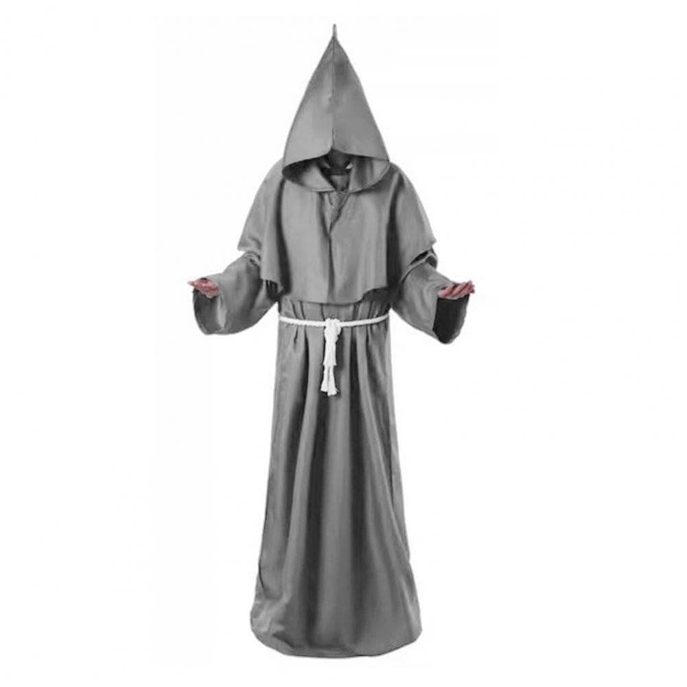 Halloween Cape Set Wizard Halloween Cosplay Role Play Medieval Monk Friar Robe Hooded Solid Color Tight Waist Priest Costume Anc S dark gray