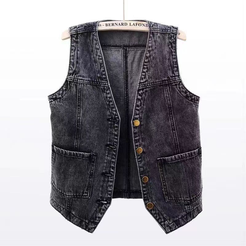 Plus Size Women Front Button Denim Waistcoat Vintage V Neck Sleeveless Denim Vest Female Autumn Outerwear Cardigan Tops XL black
