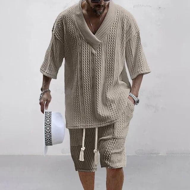 Summer Casual Shorts Set Knitted Two Piece Men's Clothing V-Neck Short Sleeve T-shirt and Shorts Streetwear Knit Outfits L khaki