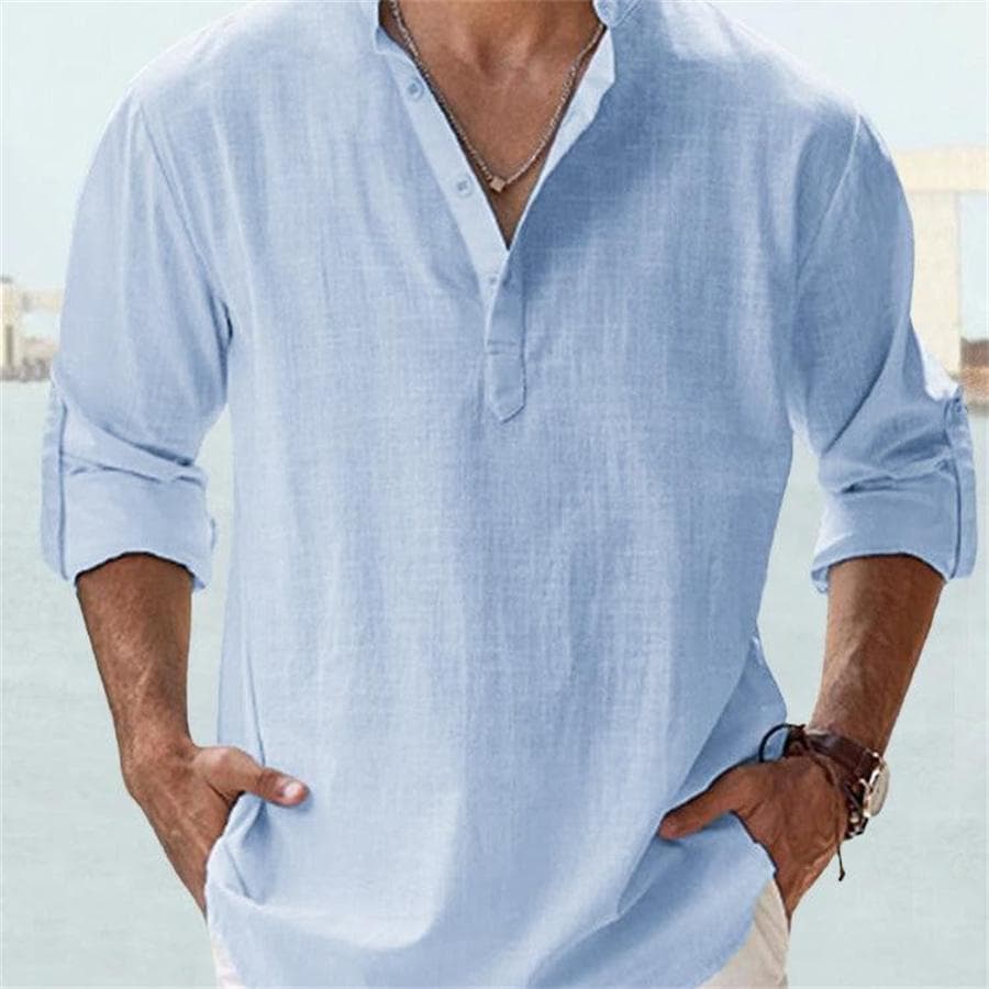 Men's Loose Solid Flax Stand Collar Long Sleeve Shirt Casual Men White Black Shirts for Men Blouse L