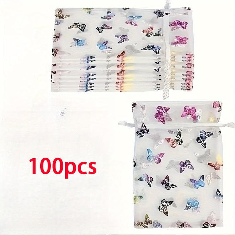 100pcs organza Drawstring Butterfly Mesh Pocket, Colorful Foil Stamping Bag, Jewelry Gift Candy Storage Bag, Small Gift Packaging Bag for Wedding 100pcs