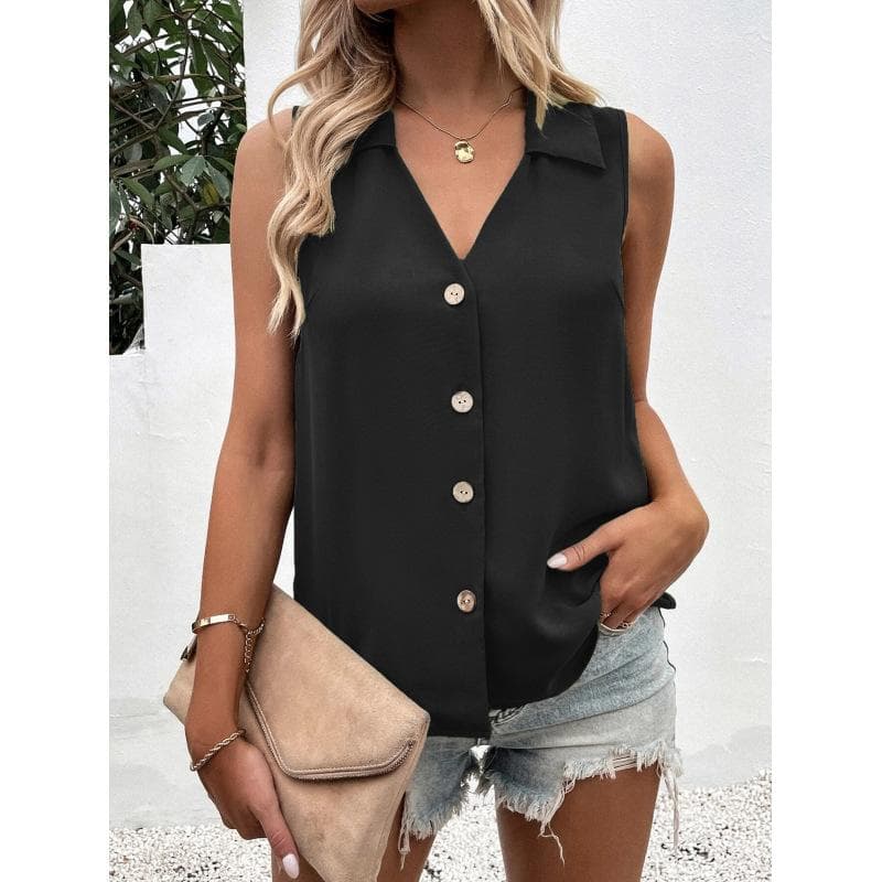 Women's solid color V-neck loose chiffon shirt sleeveless twist-button vest shirt clothes sale M black