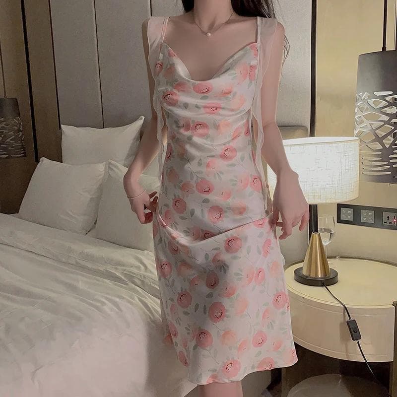 Pajamas for Women Autumn New Satin Floral Print Cross Backless Sexy Pajamas for Women Suspender Pajamas XL white