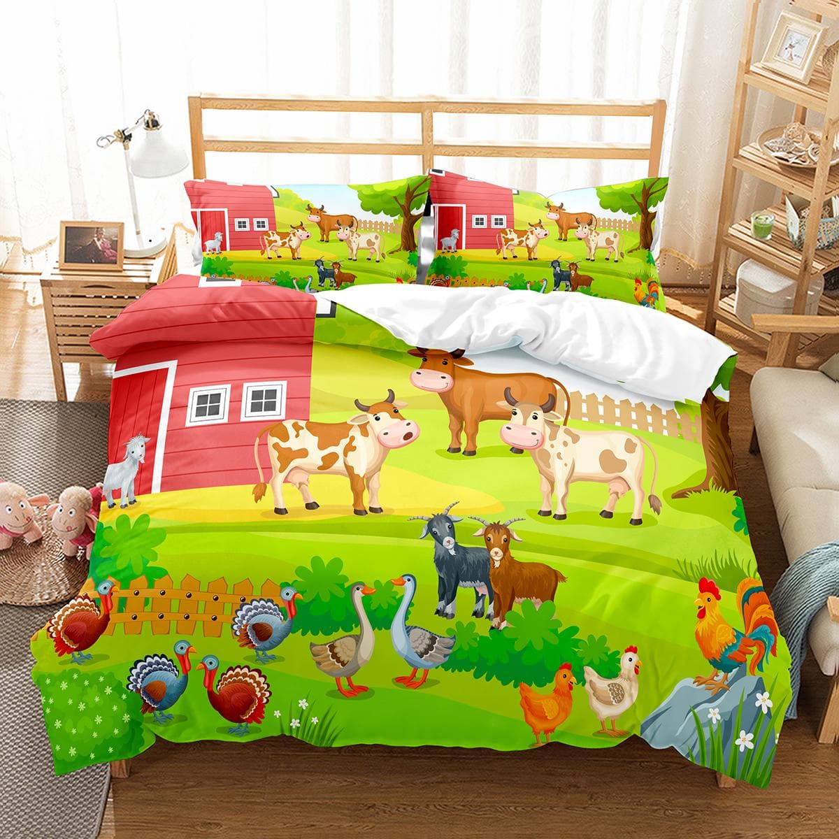 Farm Animals King Queen Duvet Cover Kids Cartoon Cow Bedding Set Deer Wooden House Chick Quilt Cover Polyester Comforter Cover 70x133cm 2pcs