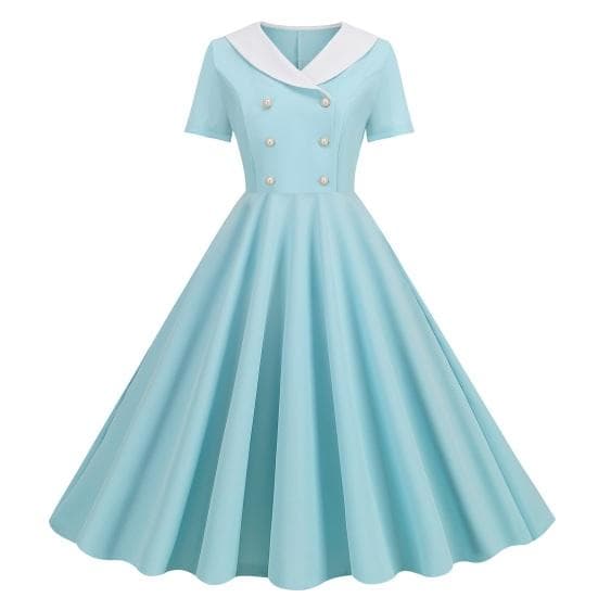 Women Prom Party Dress Vinatge 50s Evening Dress A-line Big Swing Short Sleeve V Neck Button Decor Fake Double-breasted Hidded Zipper Solid 2XL light blue