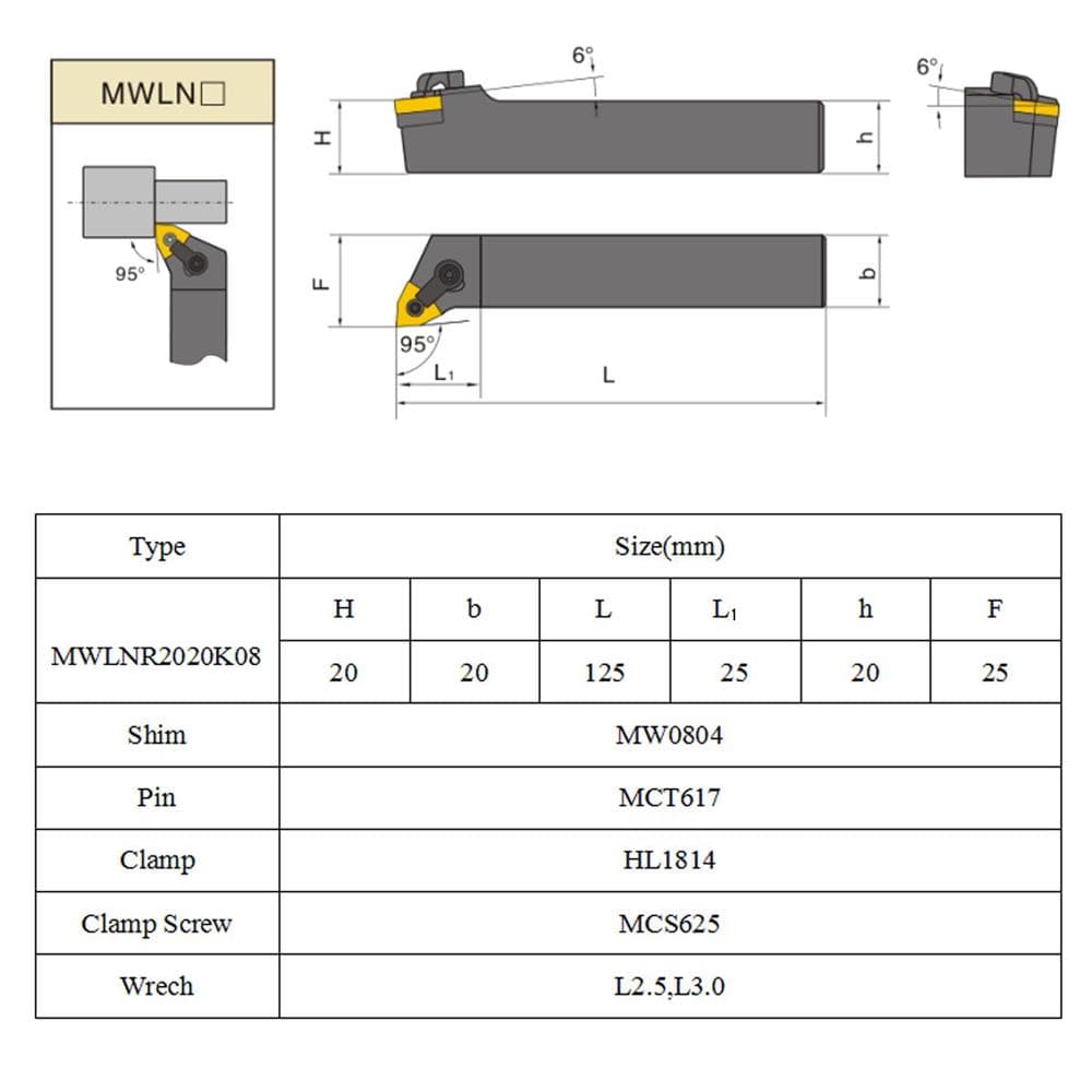 Set of 20mm Lathe Turning Tool Holder MWLNR2020K08 + 10 WNMG0804 Carbide Inserts + 2 Wrenches