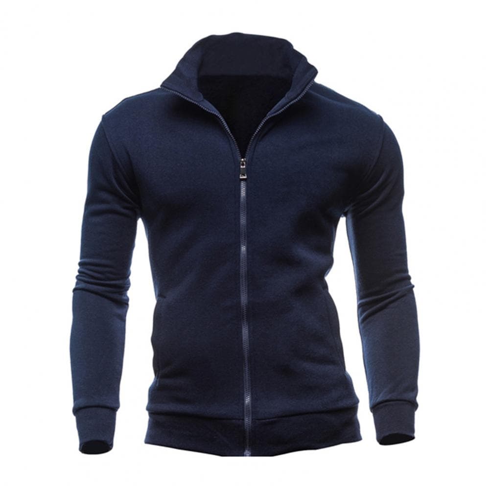 Men Jacket Autumn Winter Stand Collar Long Sleeve Zipper Closure Coat with Pockets Solid Color Sport Outwear M navy blue