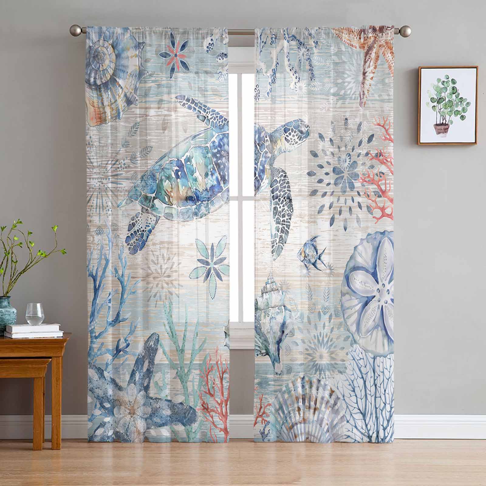 Marine Coral Shell Conch Vintage Blue Wooden Turtle Window Tulle Curtains for Living Room Hotel Luxury Decoration Sheer Curtains 135W x 114H(cm)