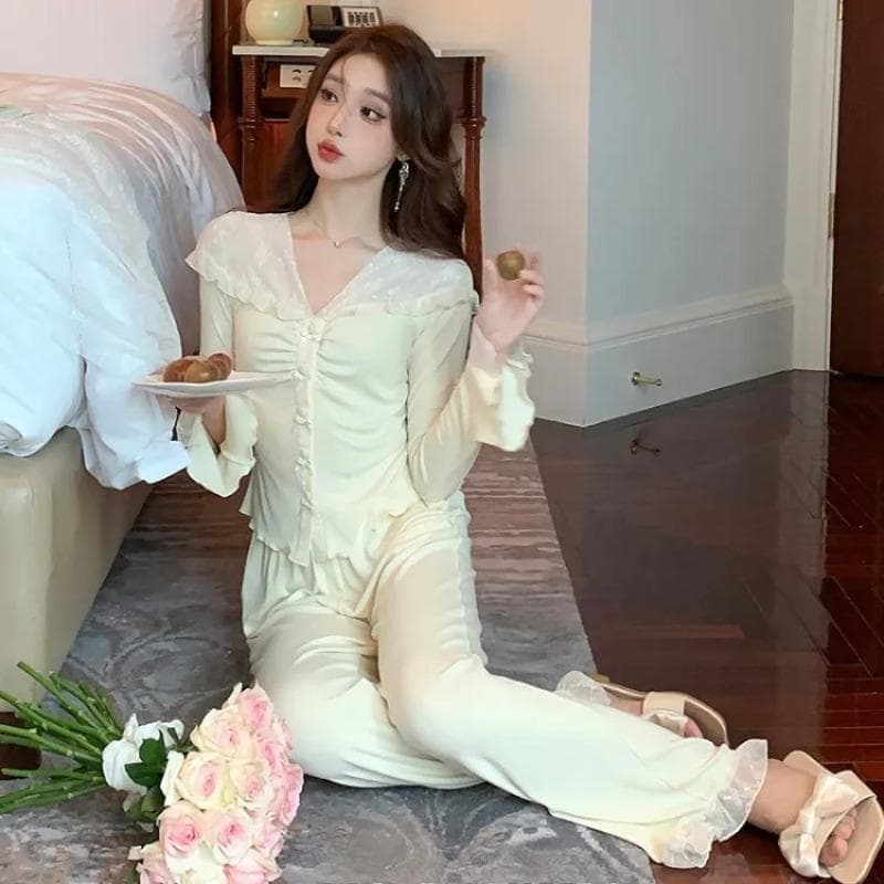 French sweet pajamas set for women, long-sleeved home wear for autumn .Spring and Autumn XL