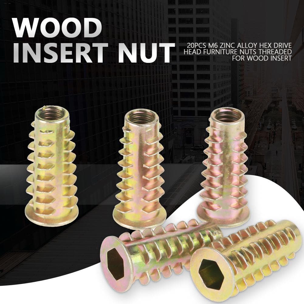 20Pcs M6*25mm Zinc Alloy Hex Drive Head Furniture Nuts Threaded for Wood Insert