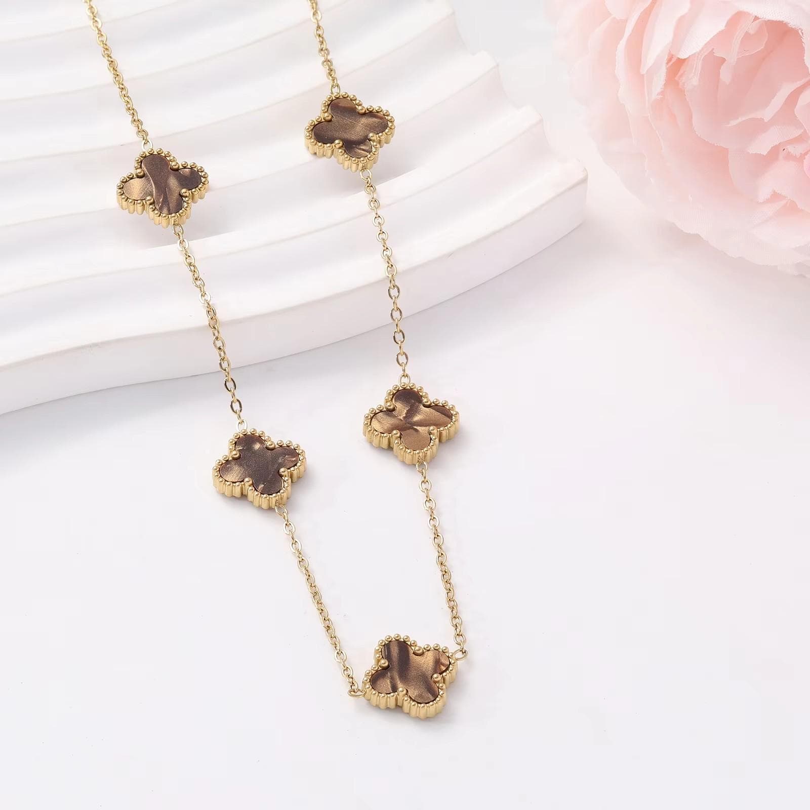 18K gold double-sided lucky clover non fading necklace brown