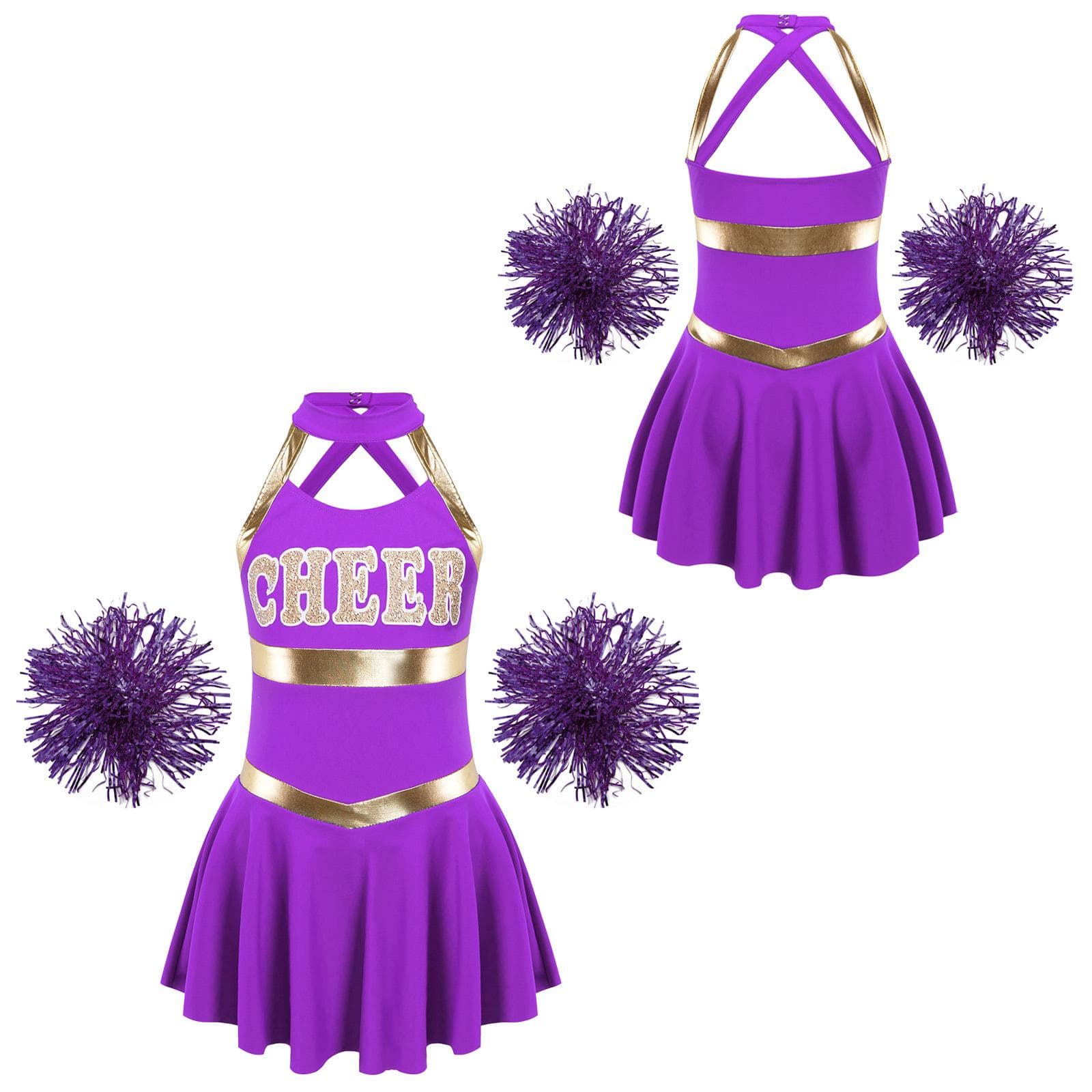 Kids Girls Sleeveless Letter Print Cheerleading Uniform Dance Dress with Flower Balls Set for Sport Meeting Outfits 9-10 Years purple
