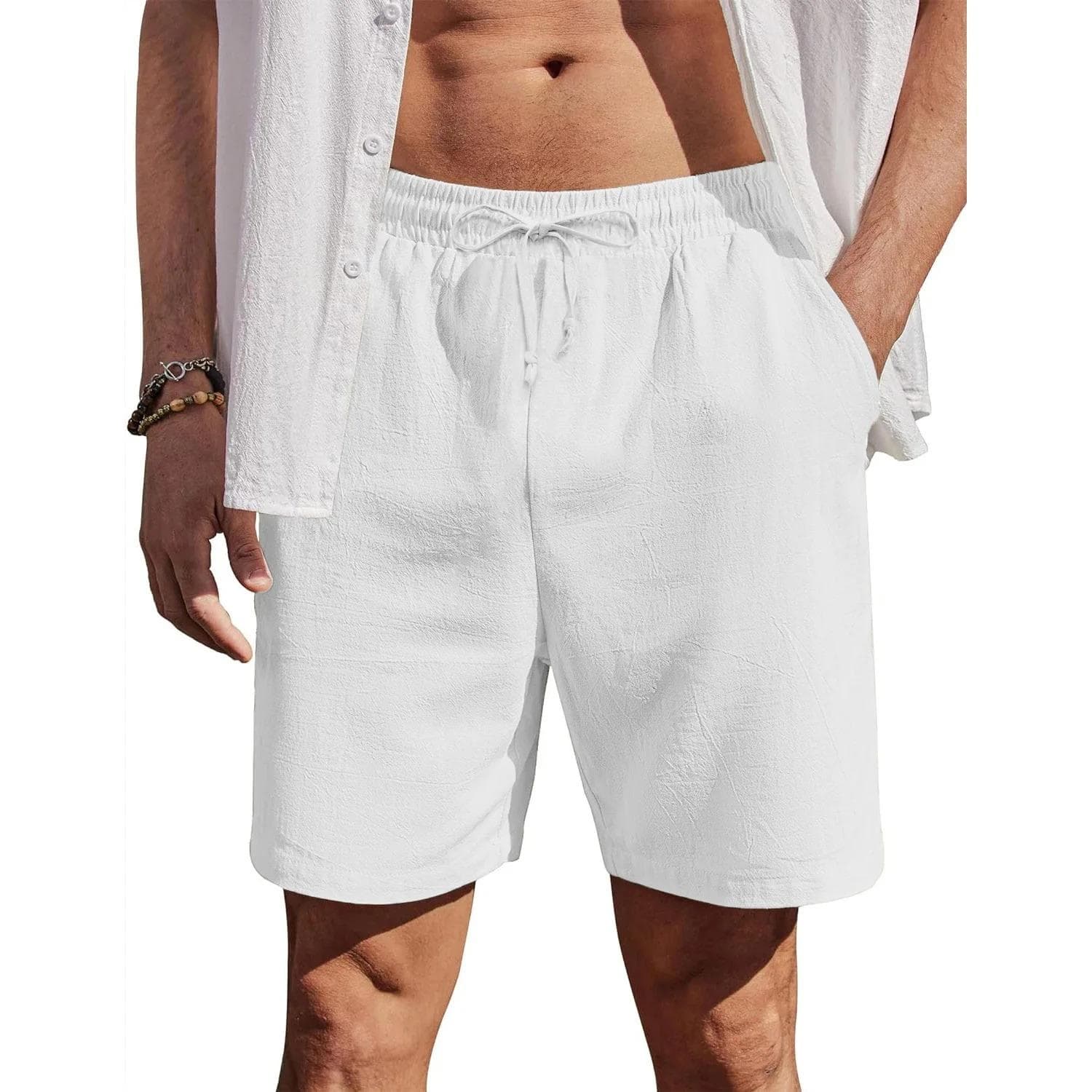 Men's Cotton Linen Shorts Beach Style Lightweight Breathable Casual Short Pants Vacation Hawaii Loose Fit Comfortable Shorts S white