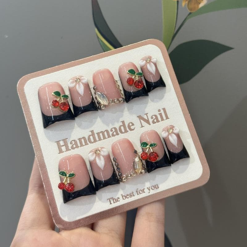 10pcs Y2K Black And Red Short Duckbill Press On Nails, 3D Flower Fake Nails, White Flower Shiny Cherry Decoration, Rhinestone Embellishment L