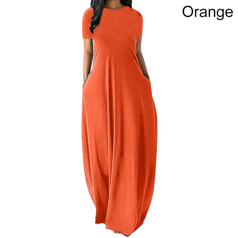 Women Casual Loose O-Neck Long Dresses Short Sleeve Summer Beach Dress Elegant Evening Party Dress 2XL orange
